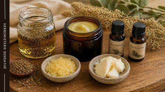 Ingrédients naturels pour préparer un baume pectoral maison au bouillon blanc avec cire d’abeille, karité et huiles essentielles - Herboristerie Sensathé Ingrédients naturels pour préparer un baume pectoral maison au bouillon blanc avec cire d’abeille, karité et huiles essentielles - Herboristerie Sensathé